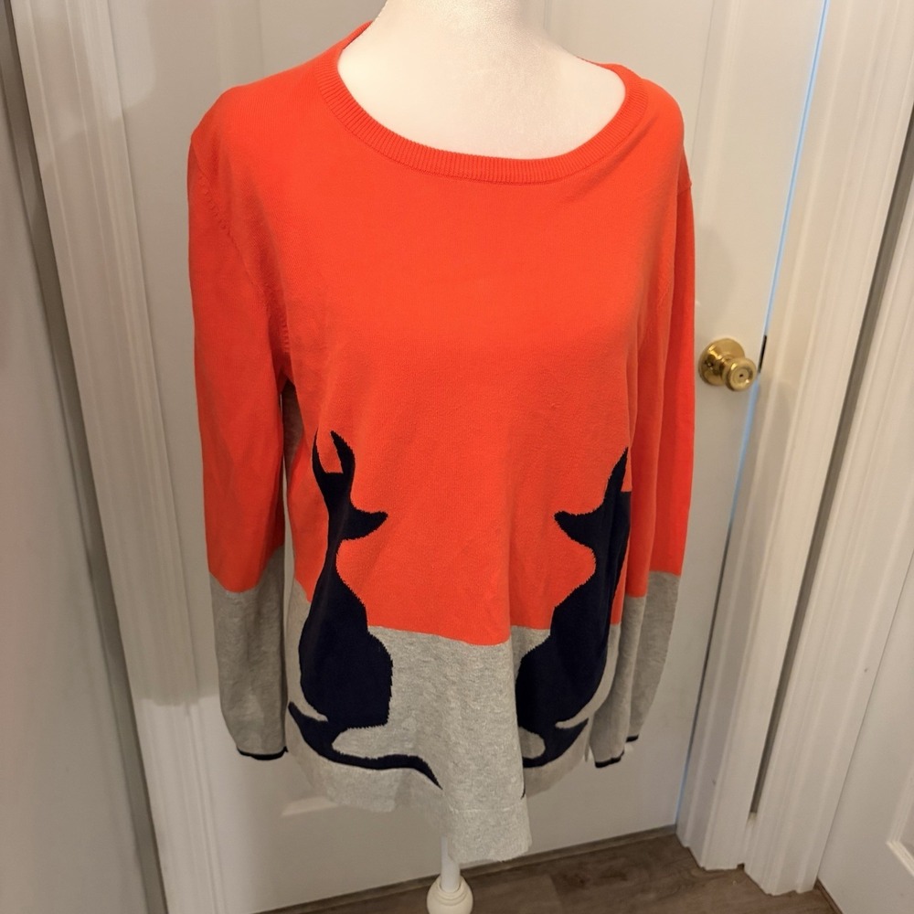 Crown & Ivy Fox Intarsia Colorblock Cotton Sweater Orange Grey Navy Fall Preppy
